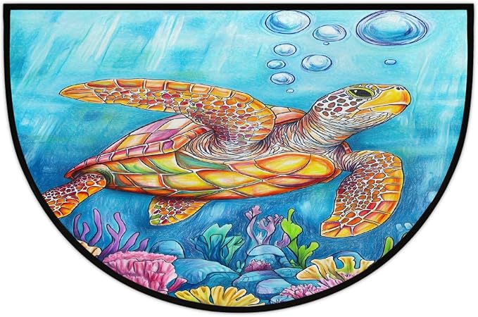 Sea Colorful Turtle Half Round Door Mat Non-Slip Semi Circle Rug Washable Half Moon Floor Rug Absorbent Bathroom Area Rugs for Outdoor Indoor Fireplace Mat Entryway Kitchen Decor Rugs