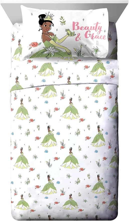 Jay Franco Kids Sheet Cartoon Set with Fitted, Flat Sheets & Pillow Cover - Ultra-Soft Bedding with Pillowcase for Room Decor, White - Tiana, 3 Piece Twin