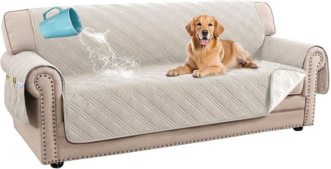H.VERSAILTEX 100% Waterproof Couch Covers for Pets Modern Slip Covers for Sofas/Couches Thick Soft Couch Slipcover Washable (Sofa, French Oak/Beige)