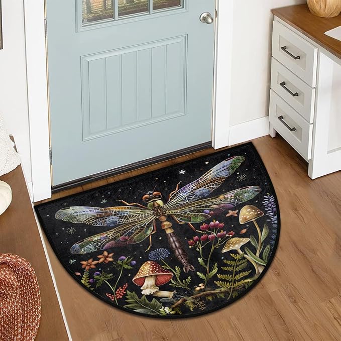 Dragonfly Half Round Door Mat Outdoor Doormat Bedroom Entrance Rug A10 | Dragonfly Mushroom Flower Semi Moon Door Mat Non-Slip Absorbent Kitchen Rug Indoor Welcome Bath Mat 36" X 24"