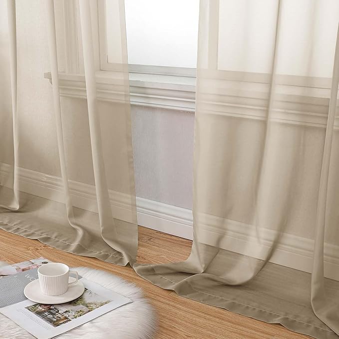 Sheer Taupe Curtains for Bedroom Living Room 90 Inches Long 2 Panels Set - Image 8