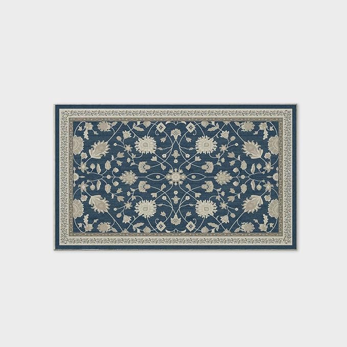 EVERGRACE Area Rugs for Living Room 3x5, Boho Floral Faux Wool Indoor Outdoor Rugs, Washable Rugs for Bedroom Entryway Dining Room Hallyway, Low Pile Floor Mat Carpet for Home Decor, Navy Blue
