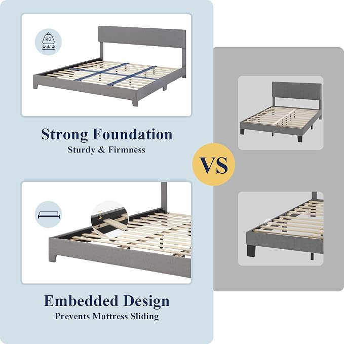 Allewie King Size Upholstered Bed Frame Adjustable Headboard, Light Grey | Platform Bed with Heavy Duty Mattress Foundation, Noise-Free, Easy Assembly, Wood Slat Support, No Box Spring Needed