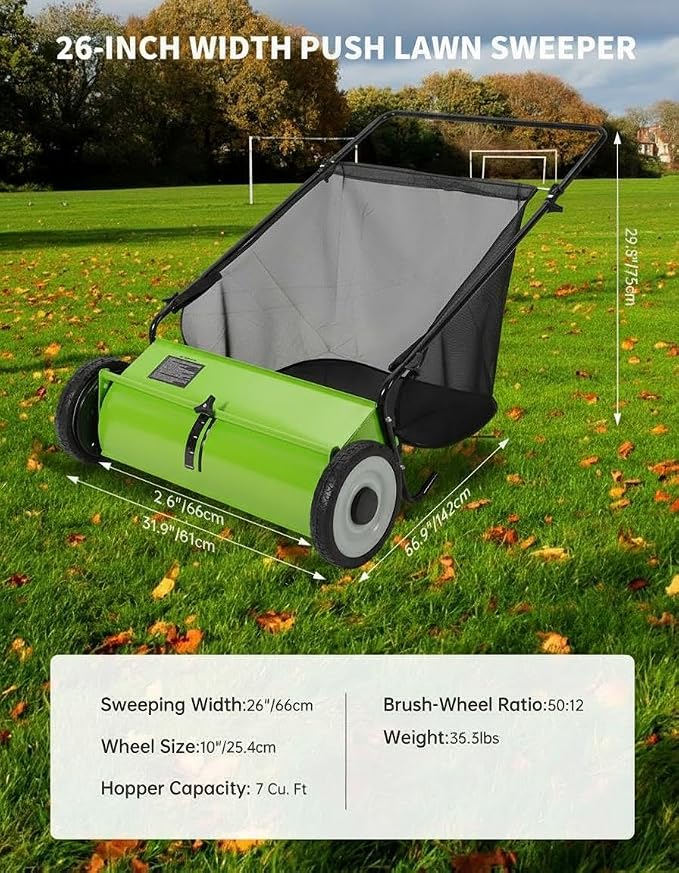 26 in Push Lawn Sweeper,4 Spinning Brushes, 7 Cu. Ft. Large Capacity Collection Bag,Adjustable Height, Durable Steel Frame with Rubber Wheels, for Grass, Leaves & Debris Collector on All Terrains