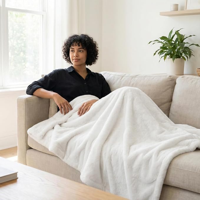 Americanflat 50x60 Double Sided Faux Fur Throw Blanket - Soft and Breathable Throw Blanket for Couch, Bed, Chair - White Faux Fur Blankets Perfect for Home, Bedroom, or Outdoor Use