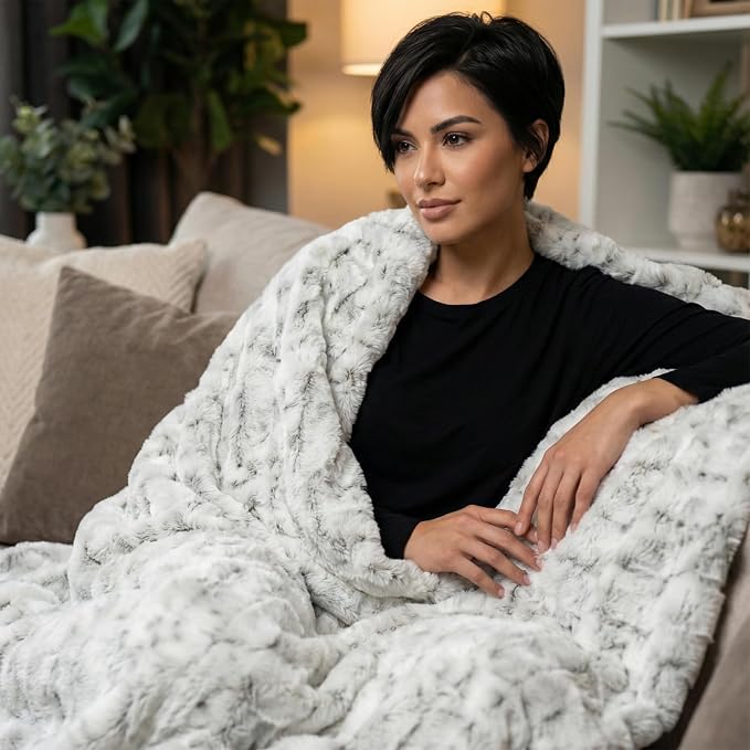 Americanflat Faux Fur Throw Blanket - Luxury 50x60 Extra Soft Plush Snow Leopard Fur, Reversible & Machine Washable Cozy Throw for Bed, Couch, Sofa, or Living Room Decor - Gray and White