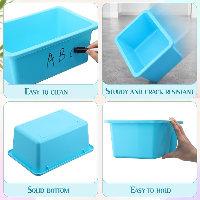 Thyle 12 Pieces Plastic Cubby Bins with Labels Classroom Book Bins Stackable Storage Container Durable Toy Storage Organizer Baskets for School Classroom Office (Classic,Light Color)