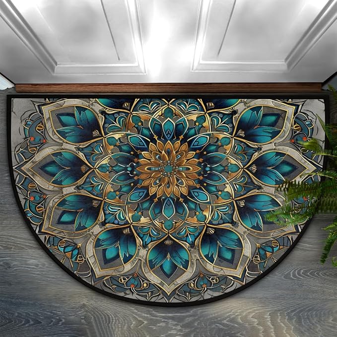 Mandala Green Half Round Door Mat Semi Moon Rug Fireplace Carpet Area Rugs | Mandala Turquoise Non Slip Absorbent Half Circle Mat Carpet for Indoor Outdoor Patio Kitchen Bathroom Entryway Home Decor