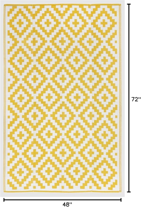 FH Home Outdoor Camping Rug - Waterproof, Fade Resistant, Reversible - Premium Recycled Plastic - Geometric - Picnic, Patio, Deck, Sunroom, RV - Aztec - Yellow & White - 4 x 6 ft Foldable