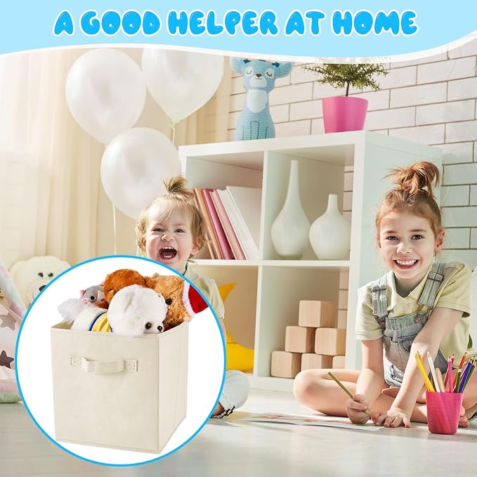 Yinder 12 Pcs Cube Storage Bin Beige 10.5''x10.5''x11'' Storage Bins for Playroom Decor Colorful Bins for Kids Foldable Baskets for Nursery Organizer Boxes Fabric Boxes