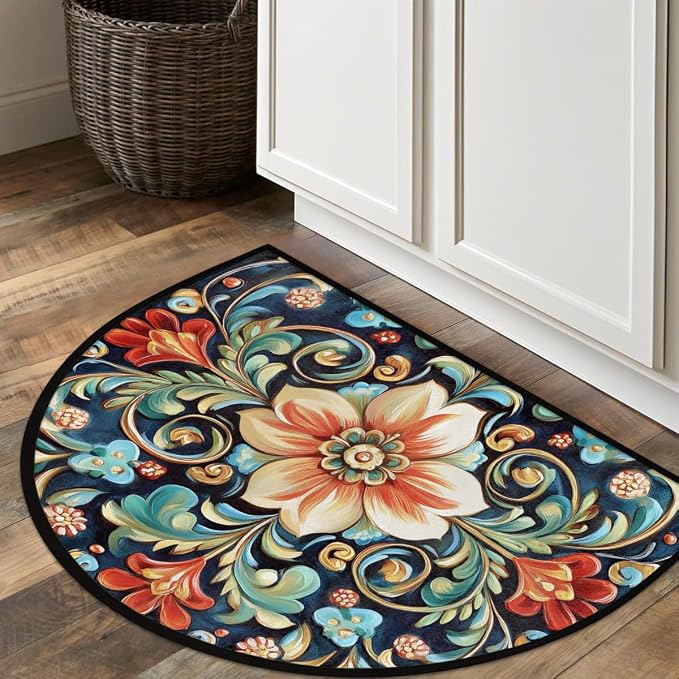 Hand Painted Flower Half Round Door Mat Non-Slip Semi Circle Rug Washable Half Moon Floor Rug Absorbent Bathroom Area Rugs for Outdoor Indoor Fireplace Mat Entryway Kitchen Decor Rugs