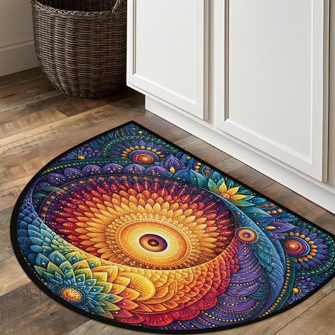 Flower Half Round Door Mat Semi Moon Rug Fireplace Carpet Area Rugs | Boho Decorative Non Slip Absorbent Half Circle Mat Carpet for Indoor Outdoor Patio Kitchen Bathroom Entryway Home Decor