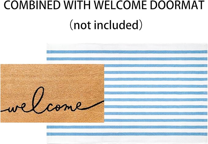 Striped Area Rug 27.5"x43",Light Blue and White Farmhouse Front Porch Rug Cotton Woven Washable Entryway Rug Indoor Outdoor Front Door Mat for Porch/Entryway/Home Entrance Decor