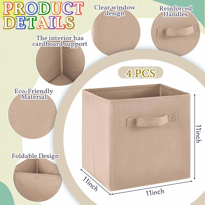Yinder 12 Pcs Cube Storage Bin Brown 10.5''x10.5''x11'' Storage Bins for Kids Classroom Decor Colorful Bins Foldable Baskets for Playroom Nursery Organizer Fabric Boxes (Brown, Beige, Khaki )