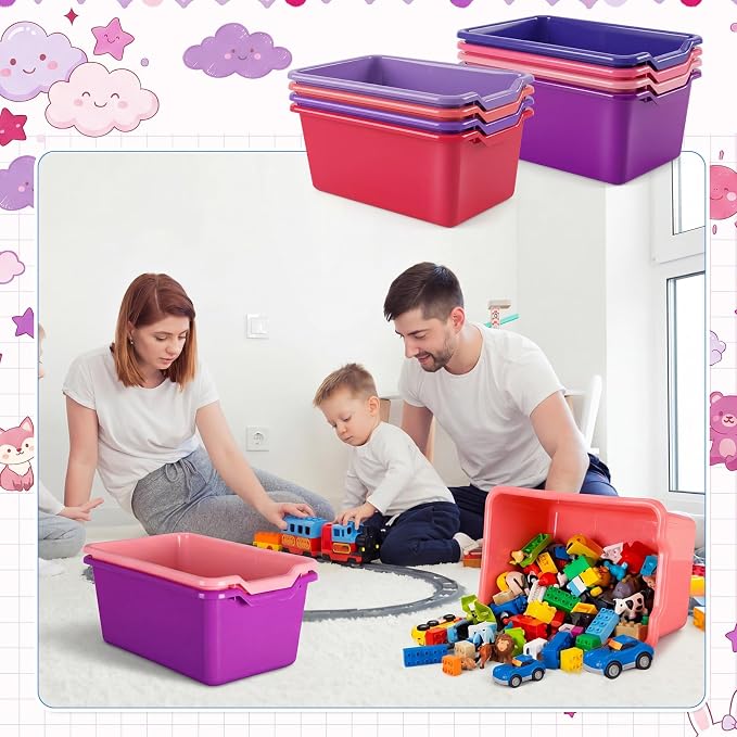 Dandat 32 Pcs Plastic Book Bins for Classroom Library Cubby Bins Scoop Front Stackable Toy Storage Tubs Containers for School Office Home Nursery Playroom Organization (Pink Series)
