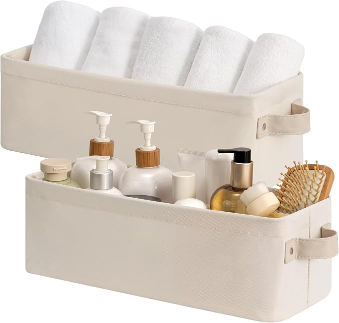 StorageWorks Narrow Storage Bins, Small Basket for Closet and Shelves, Fabric Organizer with Handles, Toilet Paper Storage, Beige, Cool Cotton, 2-Pack