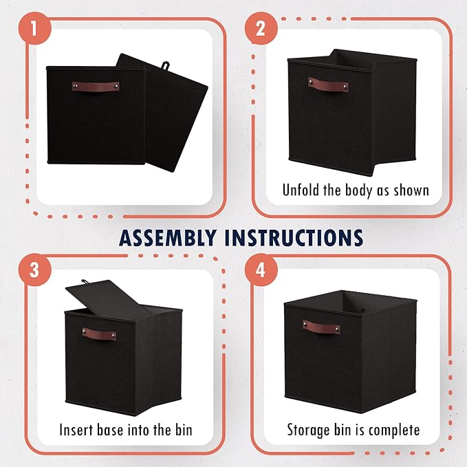 Ornavo Home 13x13 Foldable Fabric Storage Cube Bins, 6 Pack, Black | Collapsible Linen Shelf Basket Organizer; Leather Handles; Ideal Cube Storage For Closet