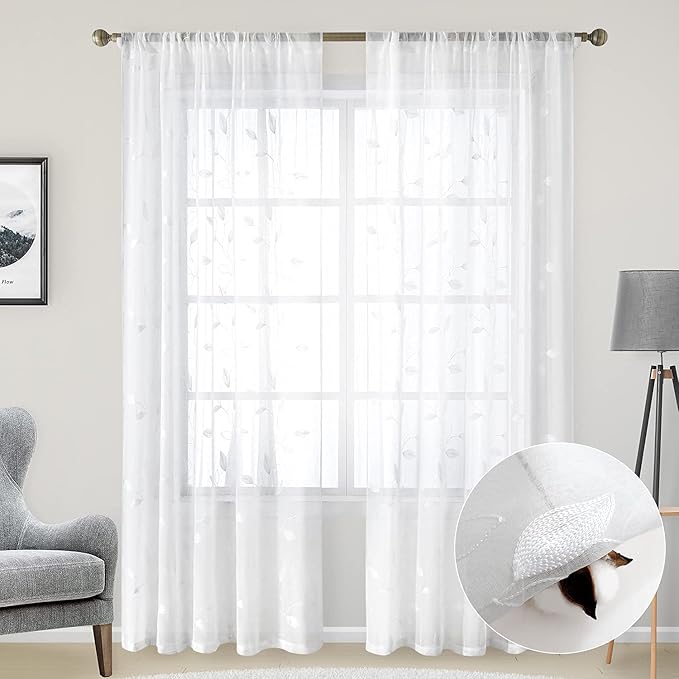 HOMEIDEAS White Sheer Curtains 52 X 84 Inches Long 2 Panels Embroidered Leaf - Image 2