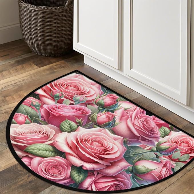 Pink Rose Flower Half Round Door Mat Non-Slip Semi Circle Rug Washable Half Moon Floor Rug Absorbent Bathroom Area Rugs for Outdoor Indoor Fireplace Mat Entryway Kitchen Decor Rugs