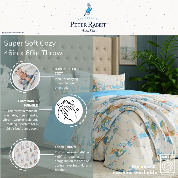 Franco Peter Rabbit Book Spring Kids Bedding Super Soft Cozy Throw, 46 in x 60 in, (Officially Licensed Product)