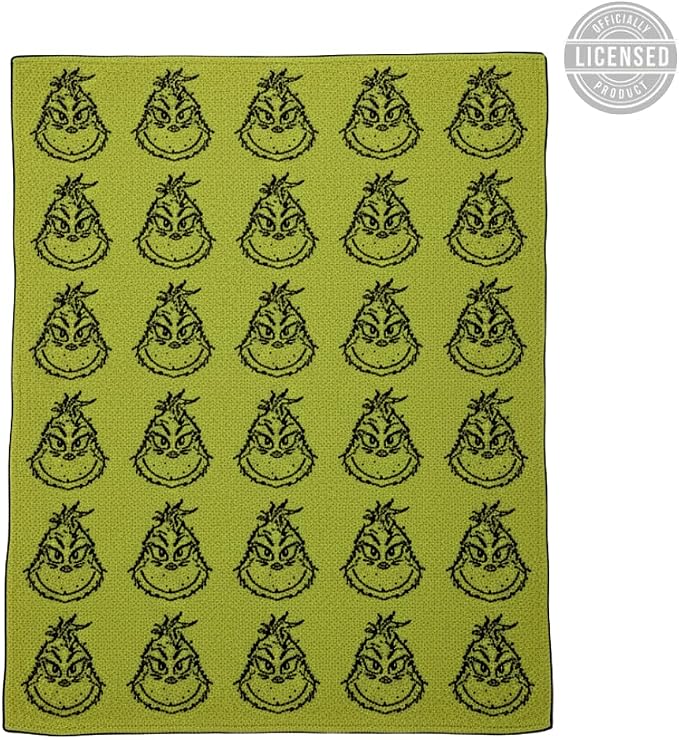 Dr. Seuss Grinch Holiday & Christmas Bedding Soft Cozy Chic Dreams Feather Knit Intarsia Throw Blanket, 50 in x 60 in, (Officially Licensed Product) by Franco Collectibles