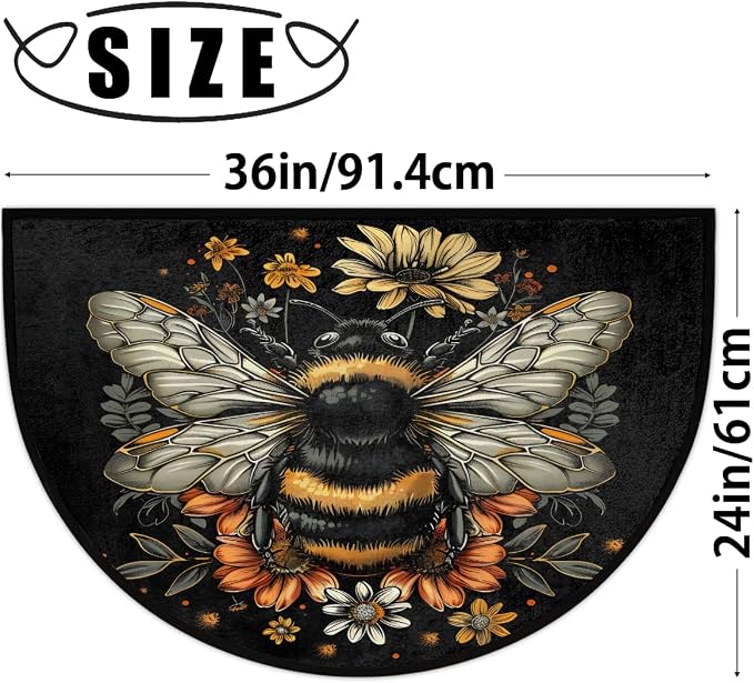 Half Round Doormat Bee Flower Black Washable Semi Circle Mat Non Slip Absorbent Half Moon Rugs for Indoor Outdoor Entrance Kitchen Bathroom Bedroom Patio Fireplace Floor Carpet Decor