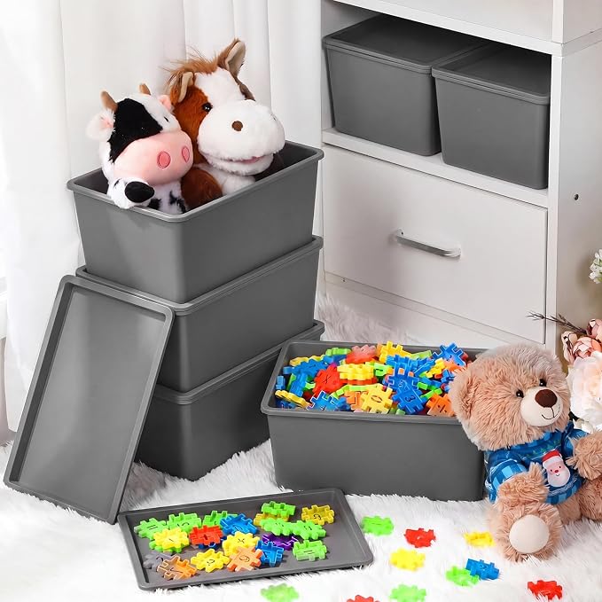 Menkxi 6 Pcs Storage Bins with Lids Small Plastic Storage Containers Stackable Storing Baskets Box Cute Organizer Bins for Organizing Shelves (Gray)