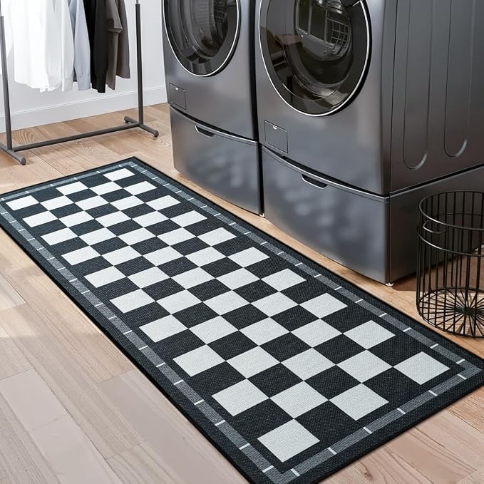 Jute Checkered Runner Rug, 2x6 Outdoor Runner Rugs, Washable Hallway Runner | Farmhouse Runner Carpet Non-Slip Kitchen Mat, Modern Checkerboard Indoor Outdoor Carpets for Porch Laundry, Black and White