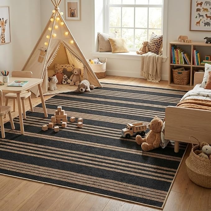 COZYLOOM Washable Living Room Rugs 8x10 Striped Easy Jute Rug with Non Slip Backing, Modern Stain Resistant Farmhouse Rugs for Patio Non Shedding Mats for Dining Room, Bedroom, RV, Black/Coffee