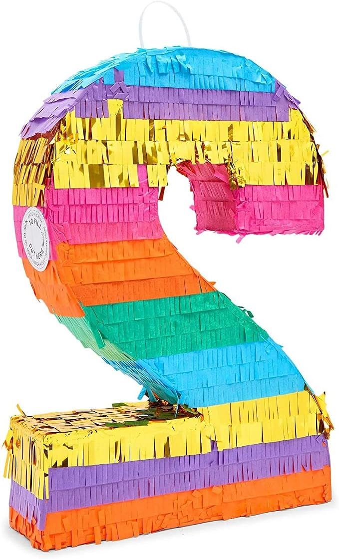 Number 2 Rainbow Pinata with Hanging Loop for Kids 2nd Birthday Party Decorations, Centerpiece Anniversary, Mexican Fiesta, Easy to Fill Label (11x3x16.5 in, Small)