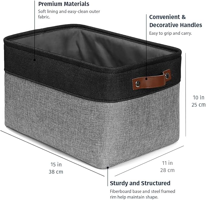 OrganiHaus 15x11in Canvas Storage Baskets 3 Pack - Fabric Bins for Shelves | Vegan leather handles; a decorative closet organizer for clothes, shoes, or toys; bedroom container