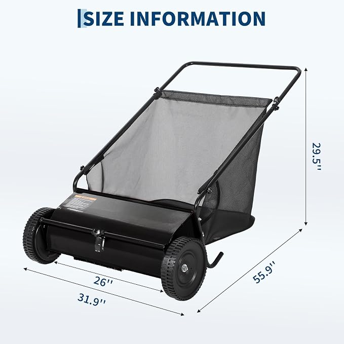 Steel 26 Inch Push Lawn Sweeper with 7 Cu ft Hopper Bag | Walk Behind Heavy Duty Leaf Collector and Yard Sweeper, Adjustable Brush Height for Patio Driveway & Garden Grass