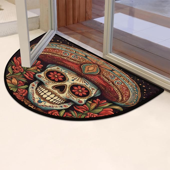 Cool Mexican Skull Half Round Door Mat, Non-Slip Entrance Welcome Mat for Indoor Semi Circle Bathroom Floor Rugs Outdoor Mats House Entry Way Heavy Duty Doormat for Kitchen Living Room 36x24 Inch