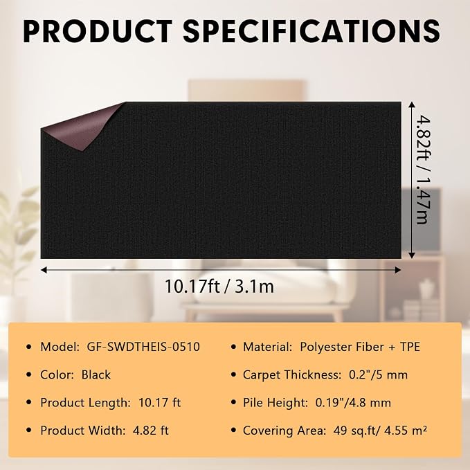 Grefinity Marine Carpet,5 FT x 10 FT Black Indoor Outdoor Carpet 0.2" Thick Boat Rug with Water-Proof TPE Backing for Home, Patio, Porch, Deck