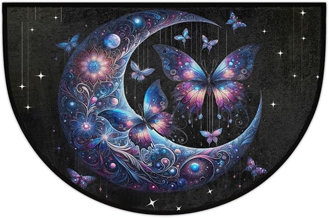 Butterfly Moon Half Round Door Mat Non Slip Half Circle Rugs | Moon Galaxy Washable Half Moon Rug Semi Circle Rugs Indoor Entrance Floor Carpet for Kithen Bedroom Fireplace Decor