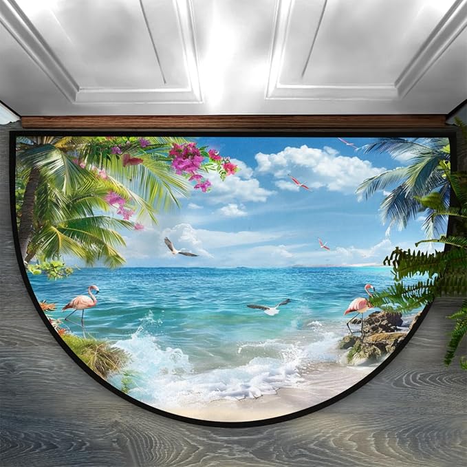 Half Round Doormat Summer Flamingo Bird Flowers Non Slip Half Circle Area Rugs Indoor Washable Half Moon Rug Semi Circle Bathroom Runner Mat Entrance Floor Carpet for Kithen Bedroom Fireplace Decor