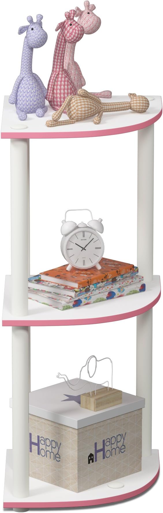 Furinno TURN-N-TUBE Corner Shelf, 3-Tier Corner Bookshelf, Display Storage Shelves with Open Shelves, for Organization and Storage, Living Room, Home Office, Garage, Pink