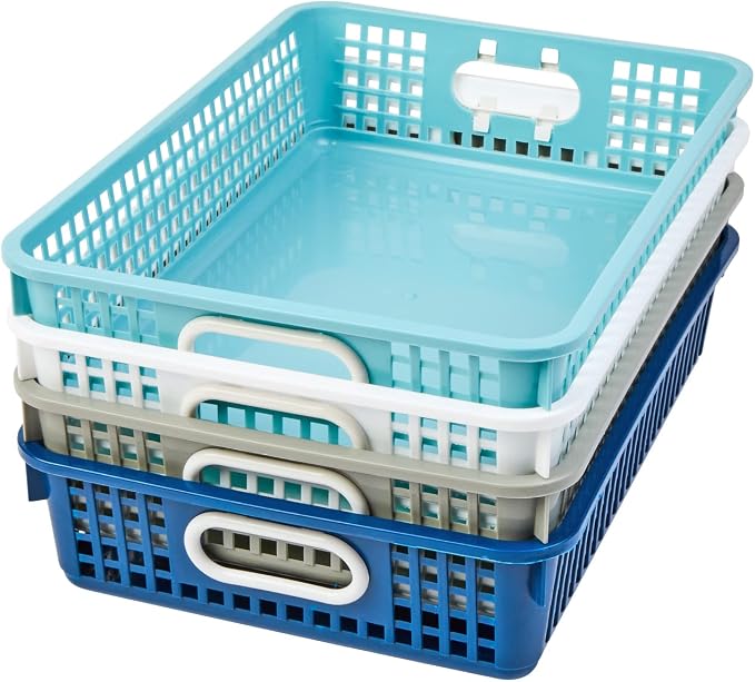 Really Good Stuff Small Desktop Paper Storage Baskets, Set of 4 | 14" x 10" x 3.25", Cool & Calm Colors, Stackable Mesh Baskets with Grip Handles