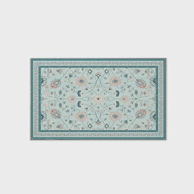 EVERGRACE Area Rugs for Living Room 3x5, Boho Floral Faux Wool Indoor Outdoor Rugs, Washable Rugs for Bedroom Entryway Dining Room Hallyway, Low Pile Floor Mat Carpet for Home Decor, Pale Blue
