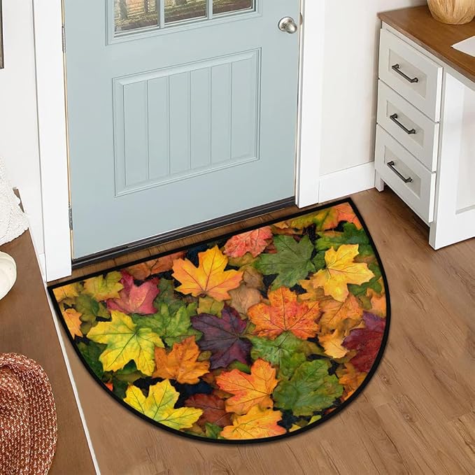 Autumn Fall Half Round Door Mat Welcome Entrance Mat Bath Bathroom Rug | Autumn Fall Maple Leaves Welcome Entrance Mat Anti-Slip Half Moon Bath Mat Semi Circle Rug Indoor Outdoor Kitchen Rug