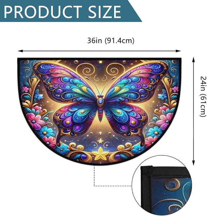 Butterfly Half Round Door Mat Non Slip Half Circle Rugs | Art Rainbow Washable Half Moon Rug Semi Circle Rugs Indoor Entrance Floor Carpet for Kithen Bedroom Fireplace Decor