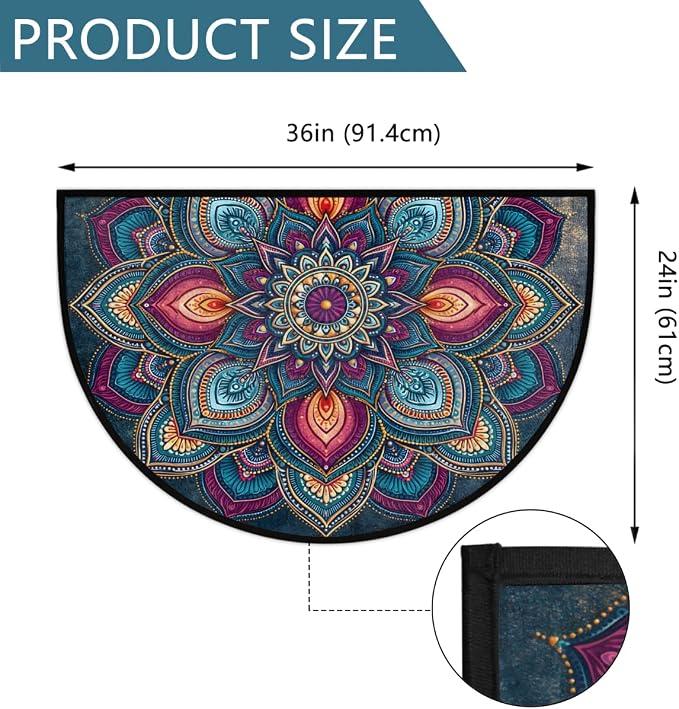 Mandala Half Round Door Mat Semi Moon Rug Fireplace Carpet Area Rugs | Abstract Geometric Non Slip Absorbent Half Circle Mat Carpet for Indoor Outdoor Patio Kitchen Bathroom Entryway Home Decor