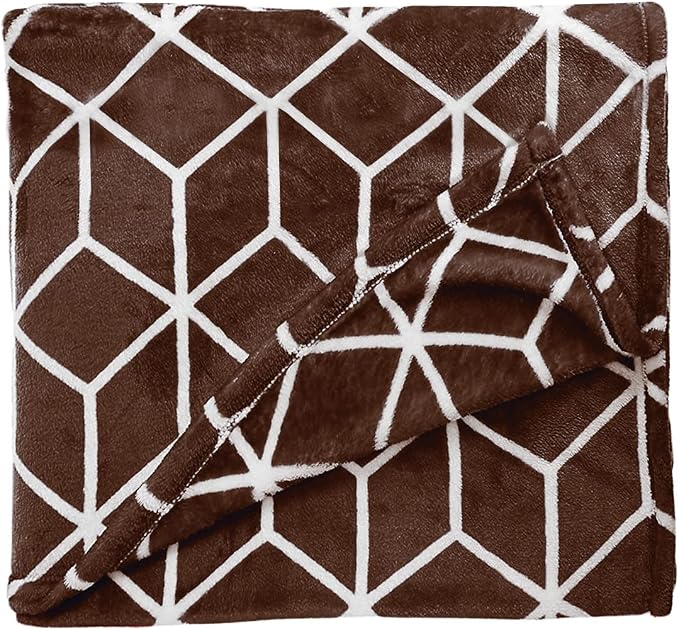 Elegant Comfort Luxury Velvety Feel Blanket, All-Season Lightweight Blanket, Ultra Plush, Soft, Cozy-Fuzzy Flannel Fleece for Couch, Sofa, Bed, Travel, Cube Design,King/California King,Chocolate Brown