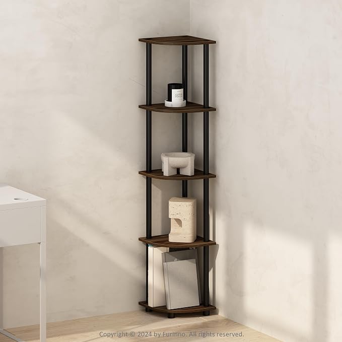 Furinno TURN-N-TUBE Corner Shelf, 5-Tier Corner Bookshelf, Open Storage Shelves, for Organization and Storage, Living Room, Home Office, Garage, Bedroom, Columbia Walnut