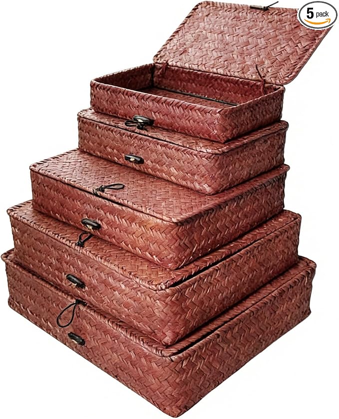 5 Pcs Seagrass Basket with Lid 5 Sizes Decorative Storage Boxes Rattan Wicker Storage Basket with Lids Woven Organizer Baskets Multipurpose Flat Storage Bins for Shelf Closet Bedroom (Dark Brown)