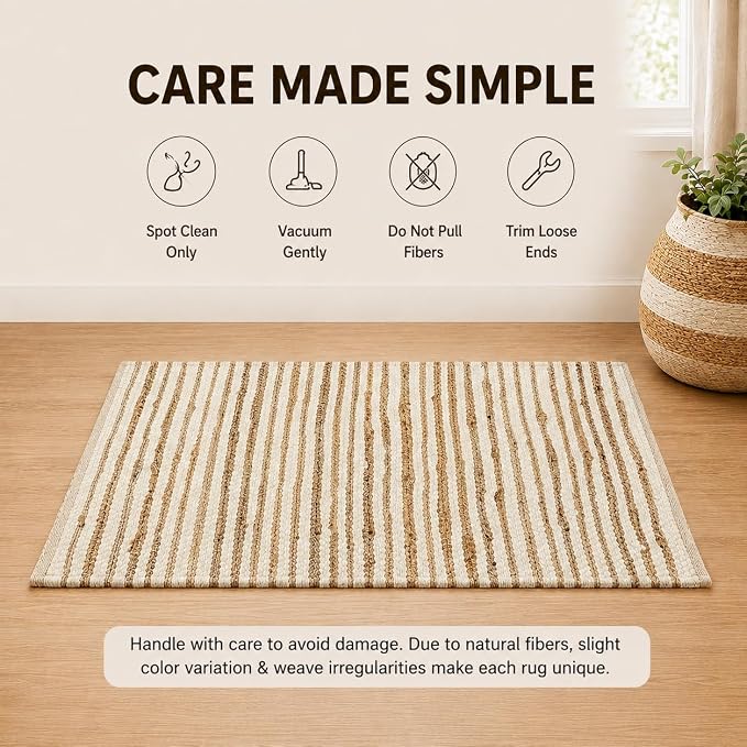 THE BEER VALLEY Jute Cotton Stripe Kitchen Rug 2x3 Feet - Natural White | Small Neutral Area Door mat for Entryway, Easy Clean Outdoor Indoor Boho Entry Rugs