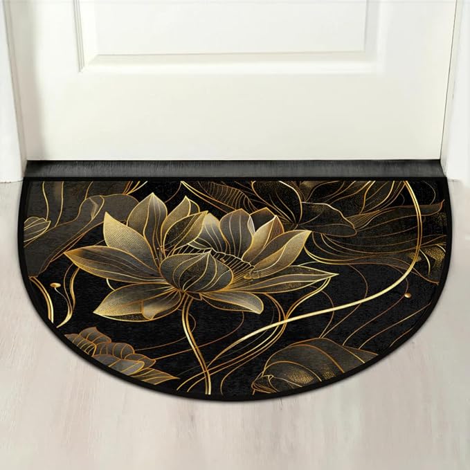 Lotus Golden Half Round Door Mat Semi Moon Rug Fireplace Carpet Area Rugs | Flower Lotus Non Slip Absorbent Half Circle Mat Carpet for Indoor Outdoor Patio Kitchen Bathroom Entryway Home Decor