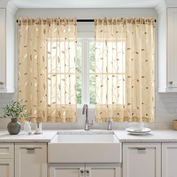 MIULEE Khaki Sheer Curtains 2 Panels Embroidered Leaf Patterned Rod Pocket - Image 2