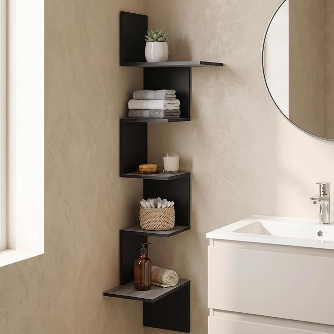 Furinno Rossi Wall Mounted Shelves, 5-Tier Rectangle, French Oak Grey/Black