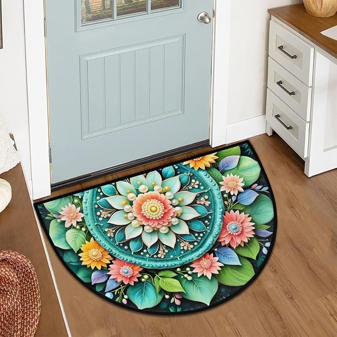 Ethnic Mandala Half Round Rug Half Moon Door Mat Half Circle Rugs | Flowers Green Washable Non-Slip Semi Circle Rug Welcome Half Round Door Mat Indoor Entrance Kitchen Bedroom Living Room Decor